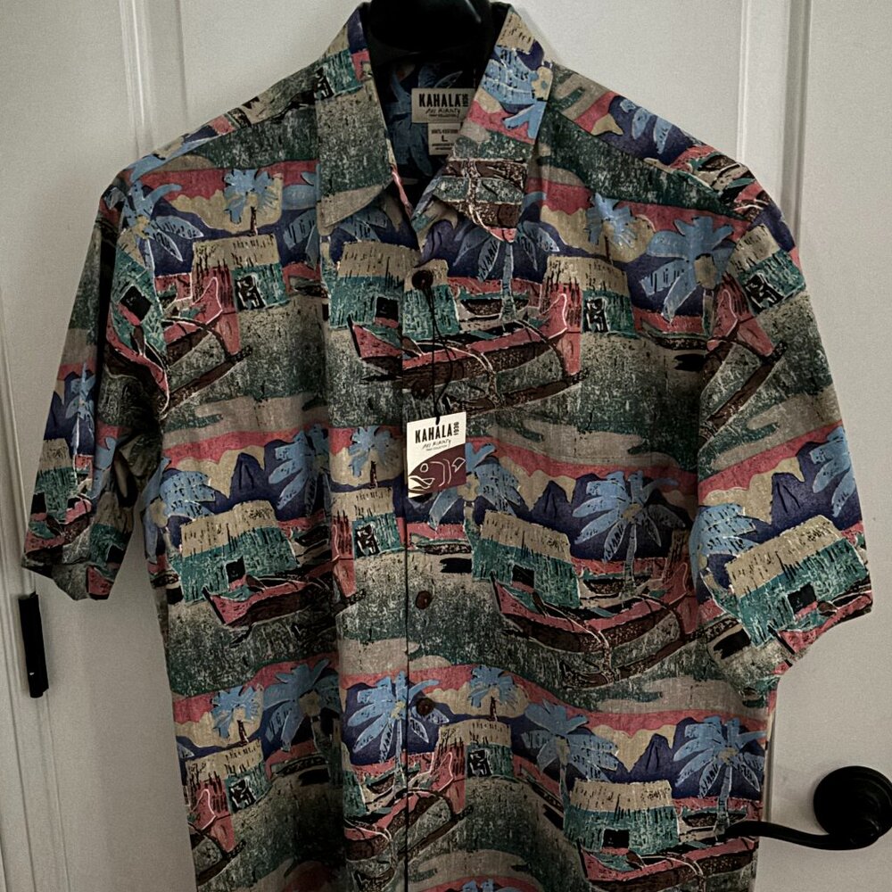 Kahala Avi Kiriaty L Outrigger Canoe Blue Multicolor Aloha Shirt NWT